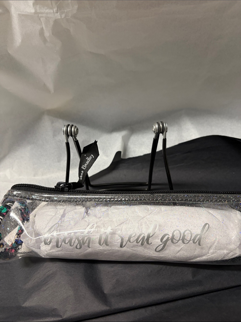 Vera Bradley Clear Glitter Zip Brush  Bag — Silver Script